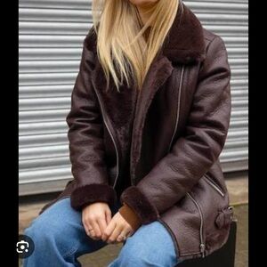 New Look faux leather and fur chocolate brown aviator  jacket coat